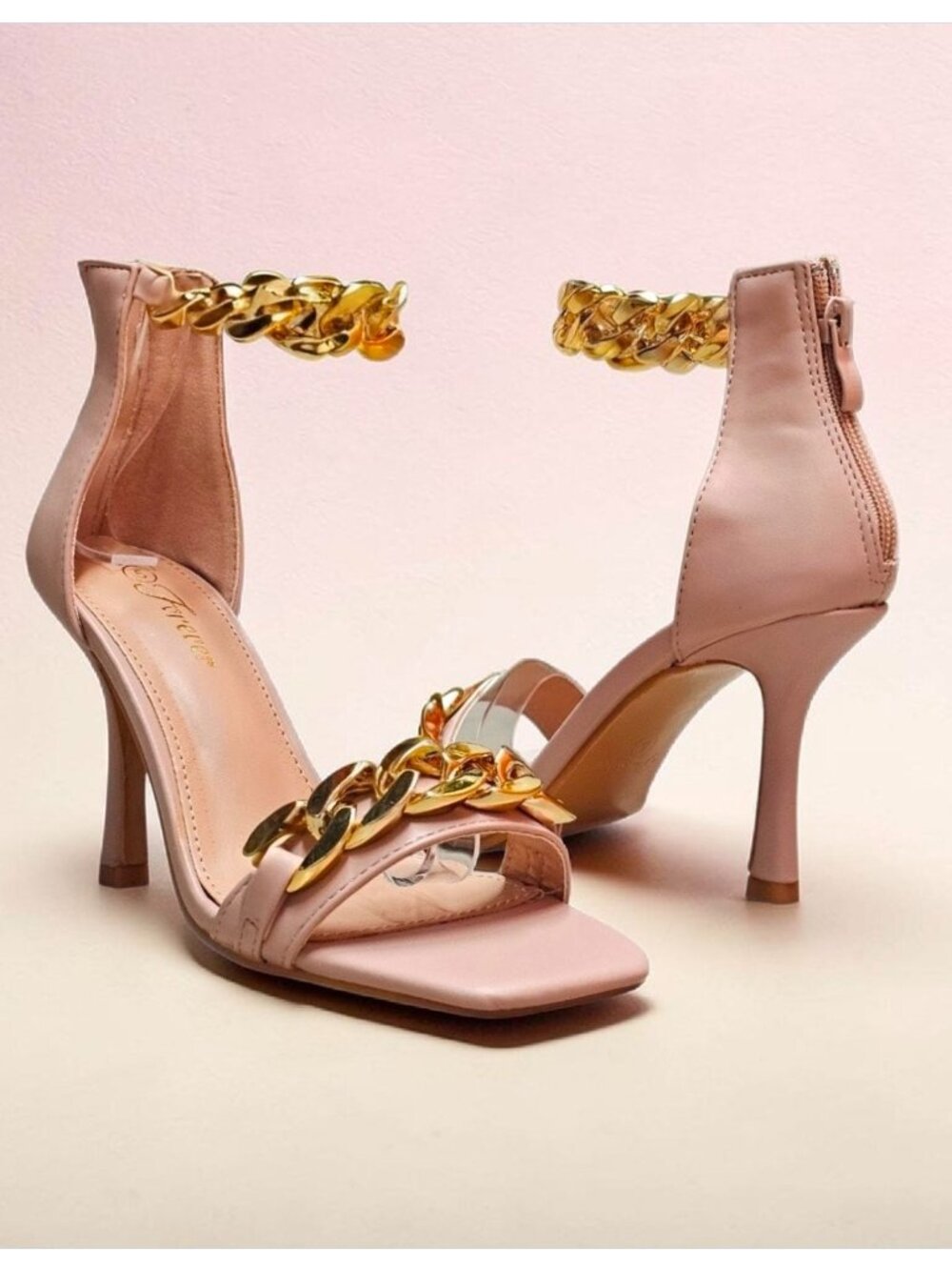 Blush Pink High Heel Sandals With Gold Chain Ankle Strap Square Toe Back Zipper - Picture 7 of 12